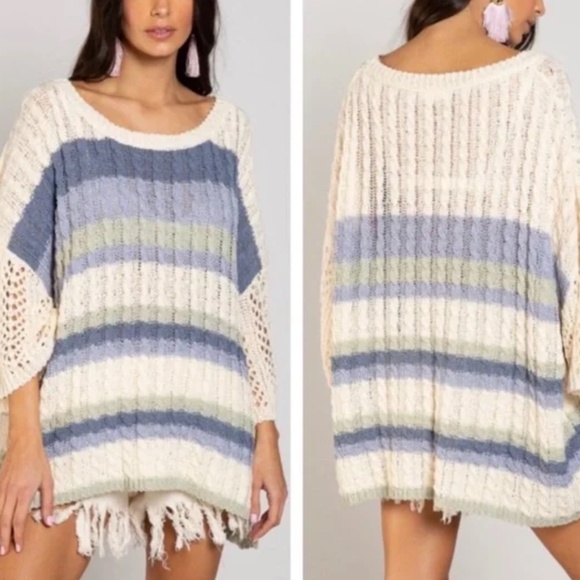 POL Cable Weaving Oversized 3/4 Sleeve Crew Neck Sweater in Blue Multi sz small - Picture 2 of 9